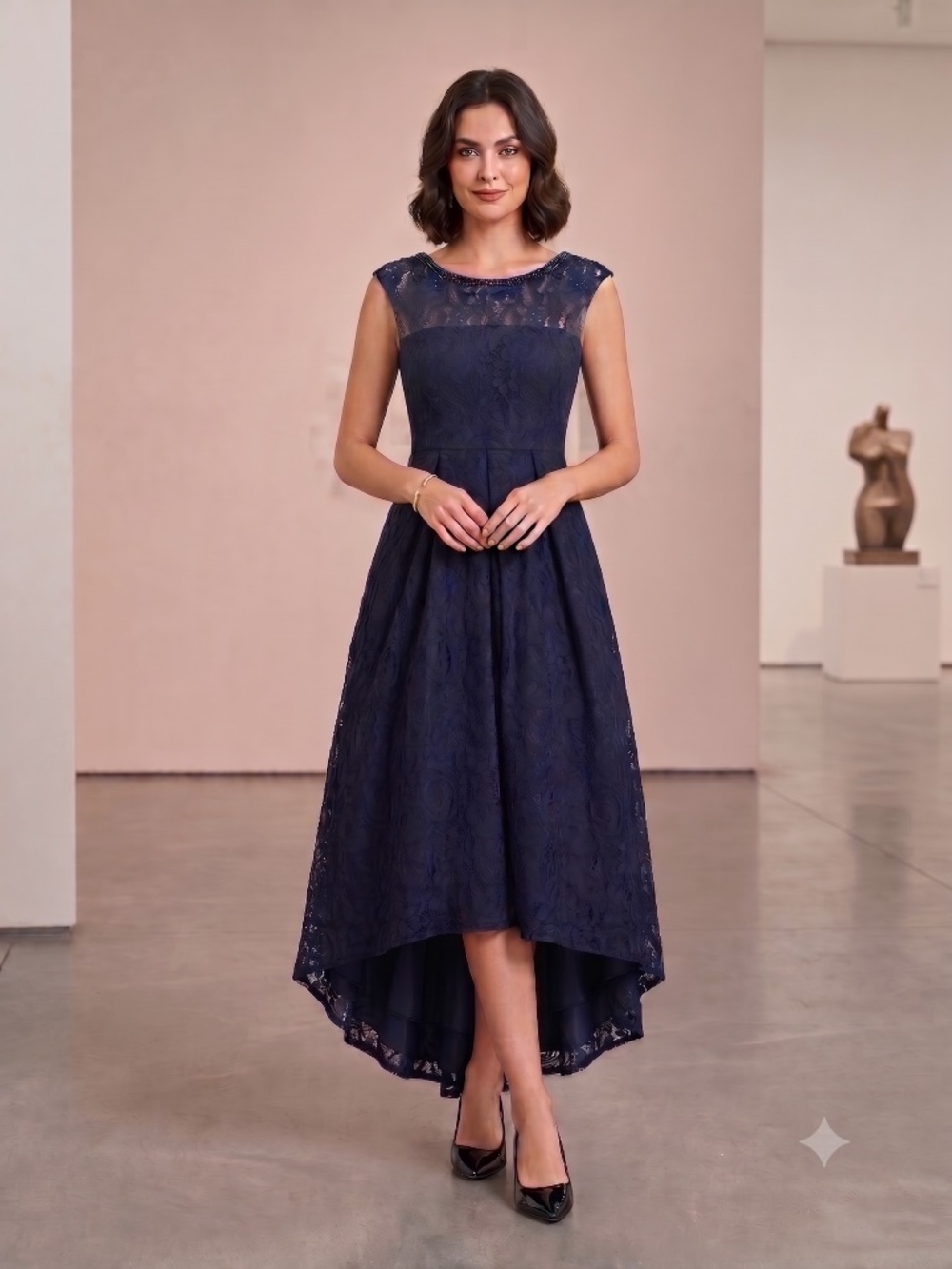 Carmen Marc Valvo Infusion Navy Lace Beaded High-Low Gown Dress Size 8